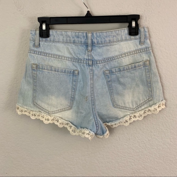 Forever 21 Chambray Lace Edged Distressed Jean Shorts Hi Rise 27 - Picture 8 of 8